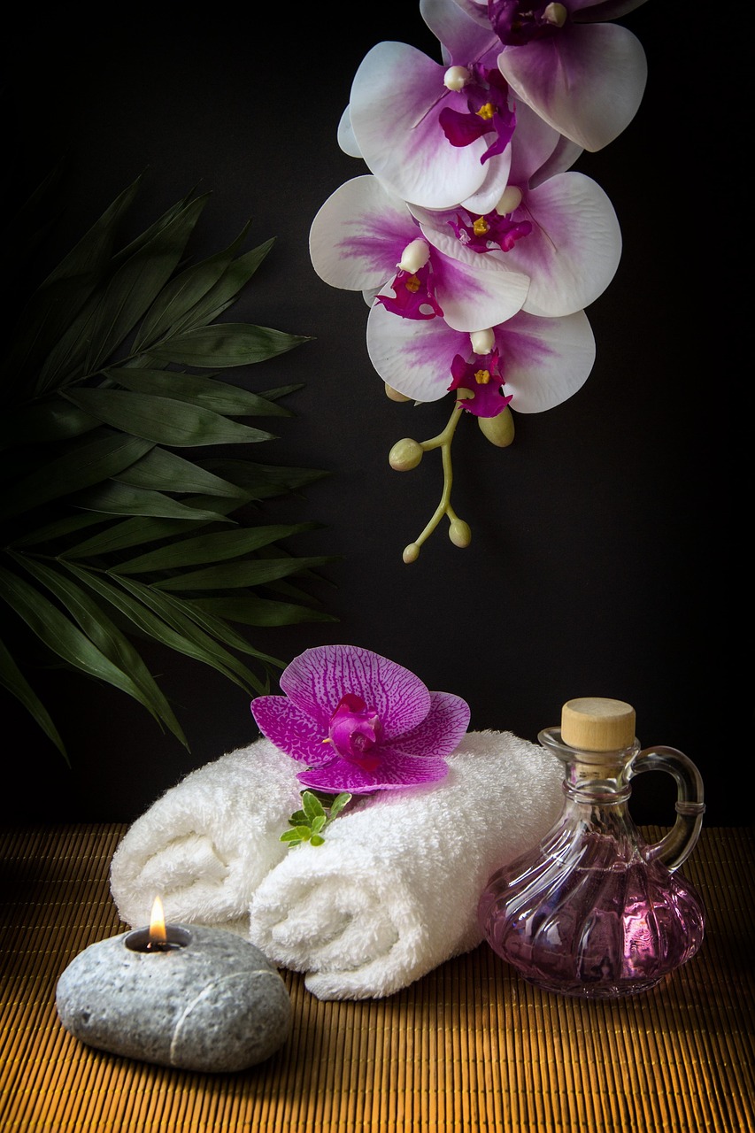 wellness, carafe, towels, white, rolled, candle, light, stone, beautiful wallpaper, black, orchid, purple, glow of light, background, massage, spa, relaxation, bamboo, iphone wallpaper